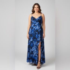 NWT Lulus Blue Floral Maxi Dress -Size L -V-Neck Chiffon print blue Dress